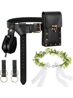 Renaissance Black J Medieval Belt Pouch Set Removable Pouch and Drawstring Bag